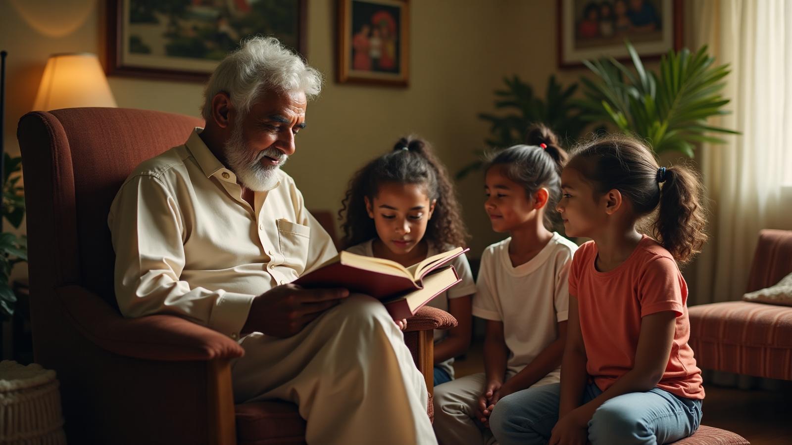 Grandfather reading his life story to grandchildren